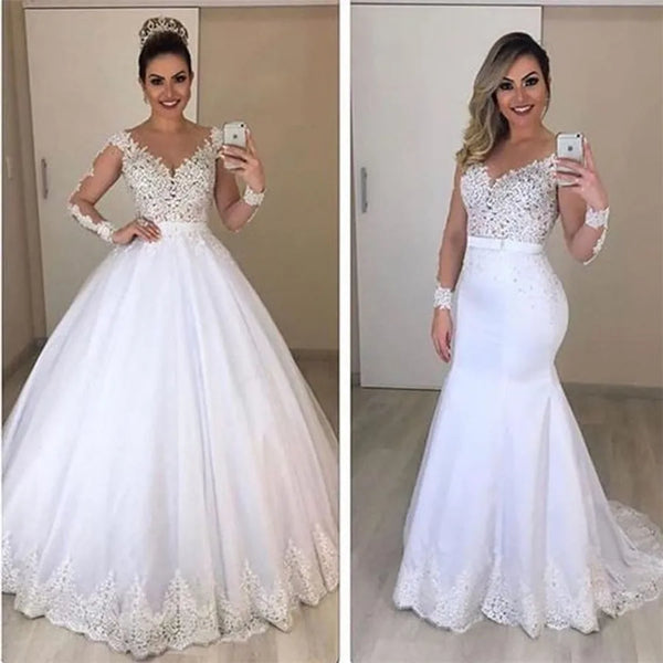 Sheer Long Sleeves Mermaid Wedding Dresses Custom Two Pieces Gowns